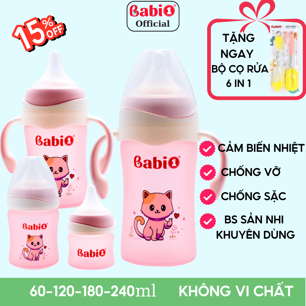 Combo 2 Bình Sữa Thủy Tinh Cho Bé Babi1 Cảm Biến Nhiệt Báo Nóng, Bọc Tráng Silicone Chống Vỡ Kèm Quà