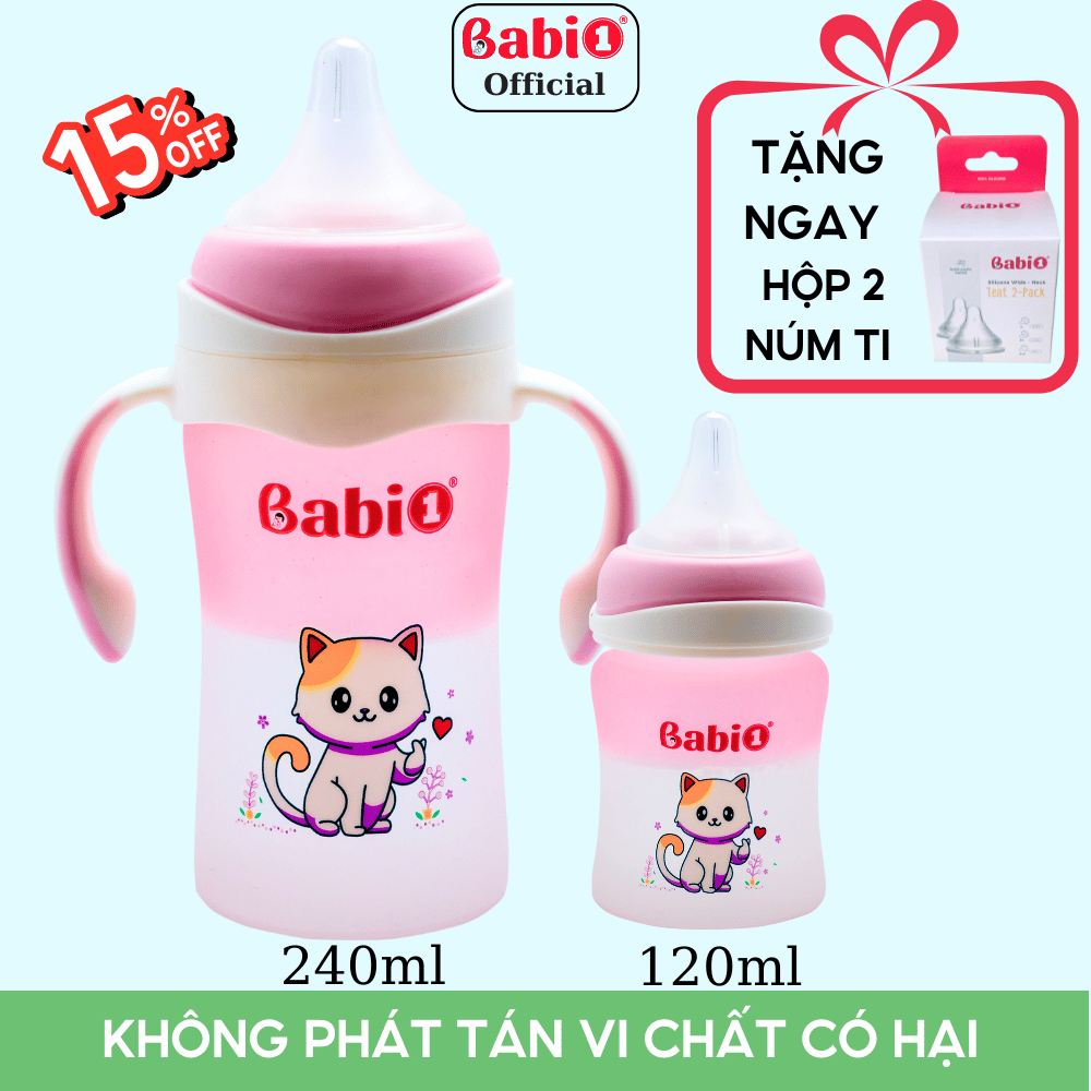Combo 2 Bình Sữa Thủy Tinh Cho Bé Babi1 Cảm Biến Nhiệt Báo Nóng, Bọc Tráng Silicone Chống Vỡ Kèm Quà