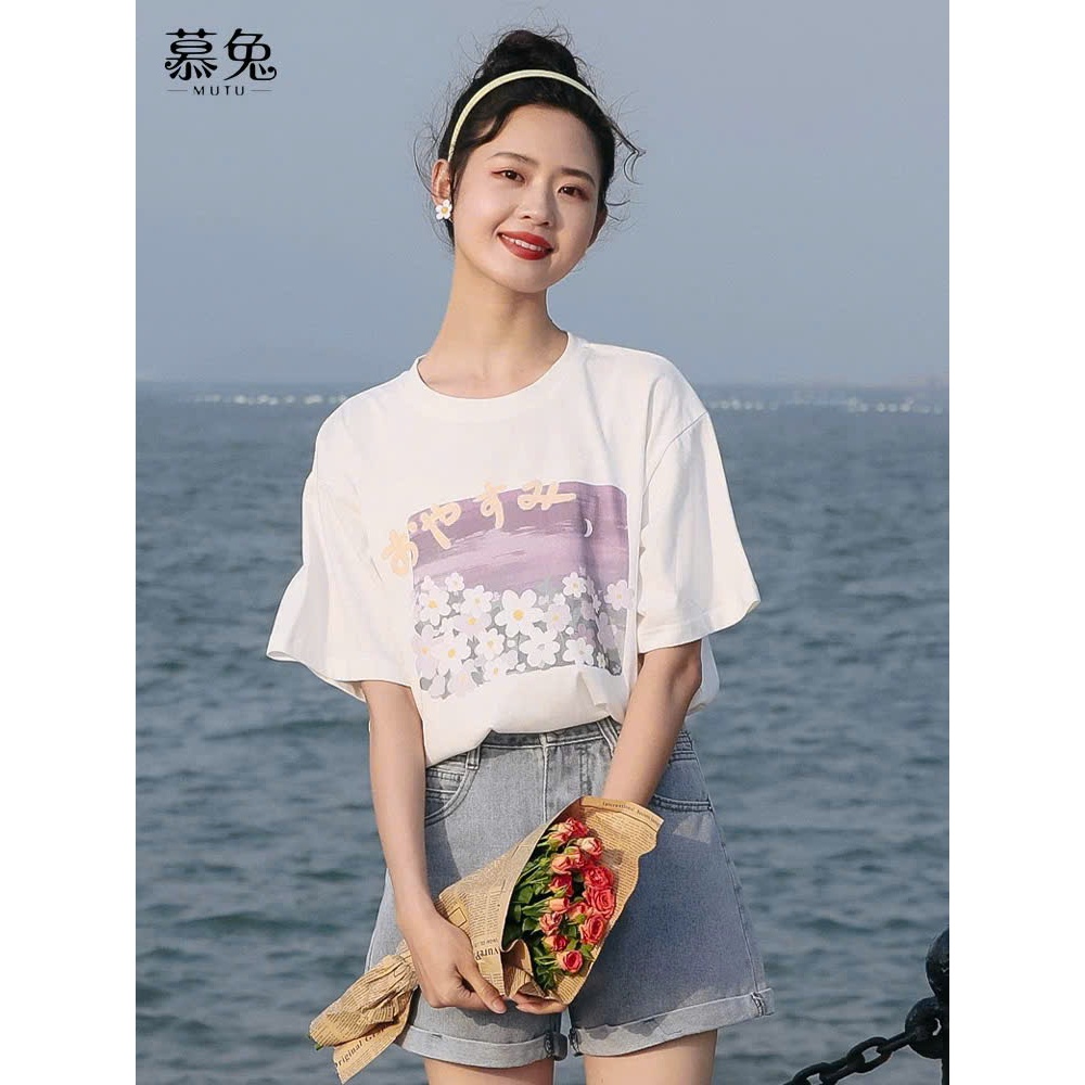Áo thun nữ ngắn tay hình Hoa tím Pastel ngọt ngào JULYfashion, Áo phông nữ phông cách Hàn Quốc thanh lịch, Cotton 100%