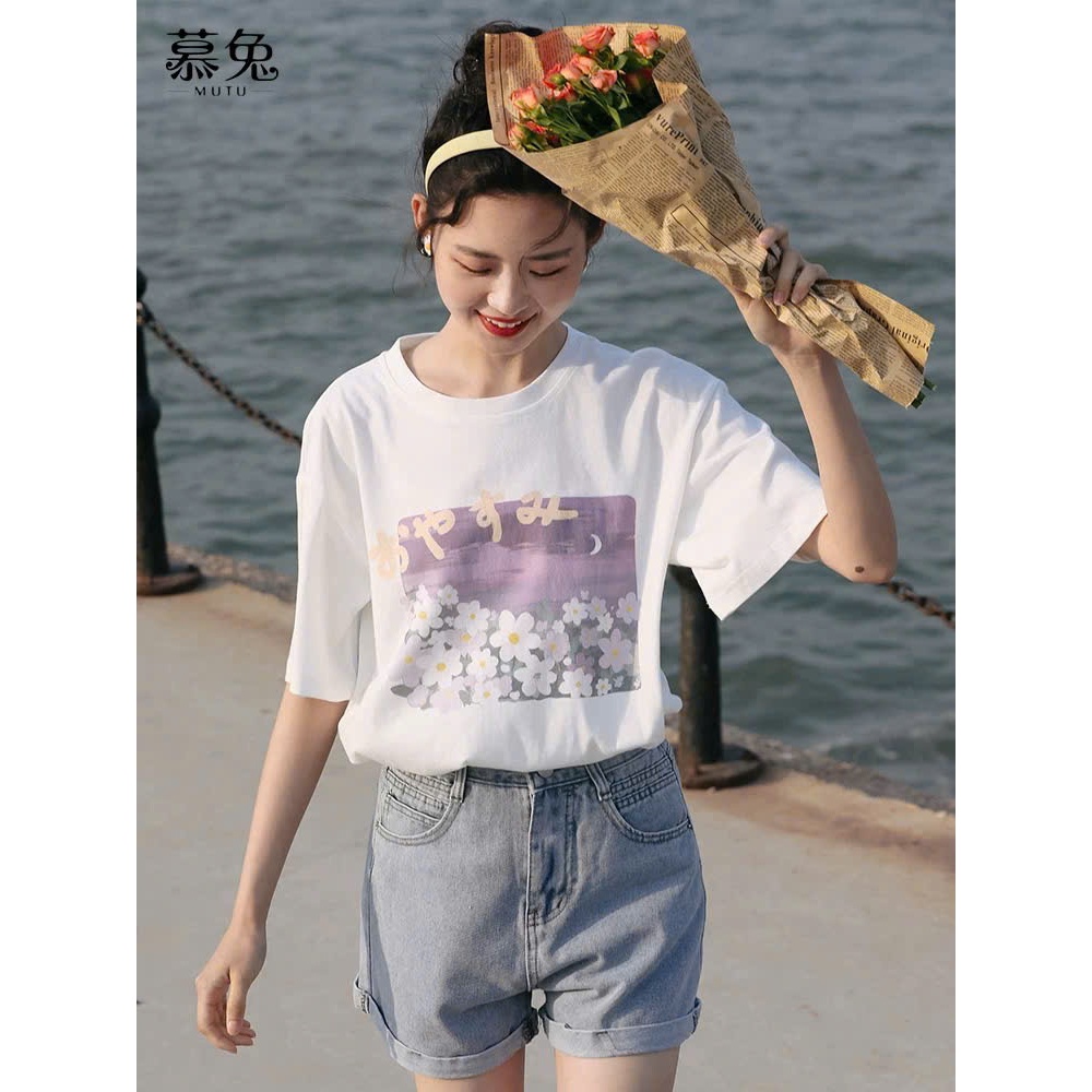 Áo thun nữ ngắn tay hình Hoa tím Pastel ngọt ngào JULYfashion, Áo phông nữ phông cách Hàn Quốc thanh lịch, Cotton 100%