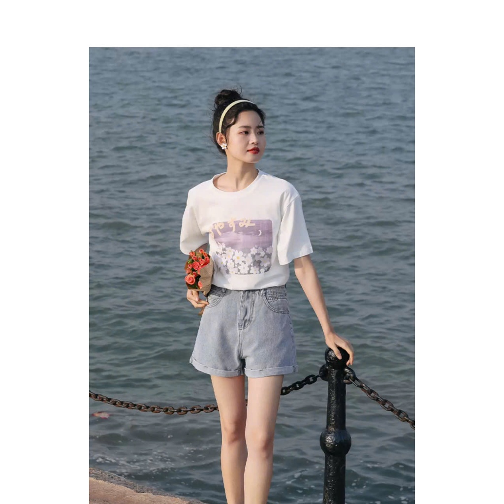 Áo thun nữ ngắn tay hình Hoa tím Pastel ngọt ngào JULYfashion, Áo phông nữ phông cách Hàn Quốc thanh lịch, Cotton 100%