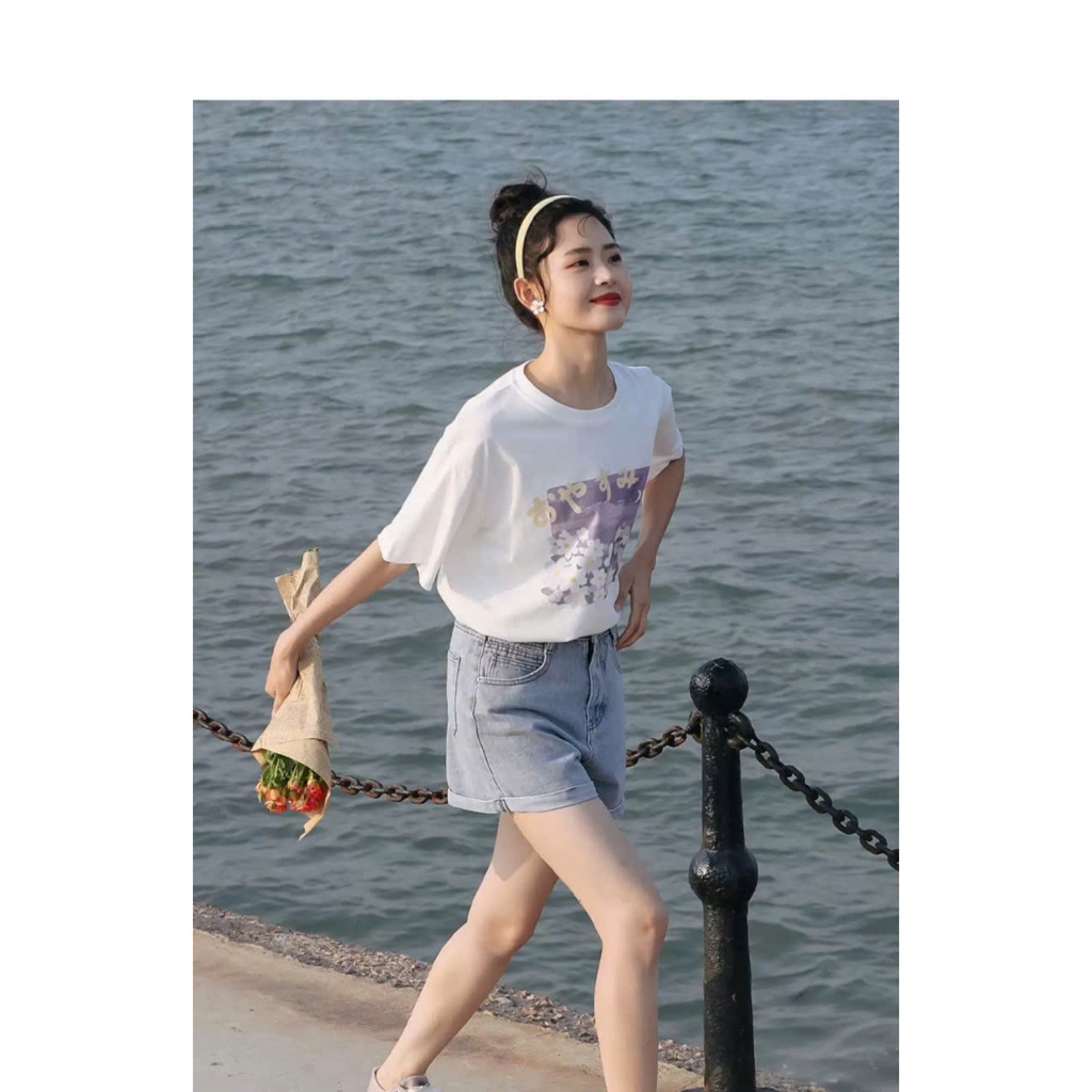 Áo thun nữ ngắn tay hình Hoa tím Pastel ngọt ngào JULYfashion, Áo phông nữ phông cách Hàn Quốc thanh lịch, Cotton 100%