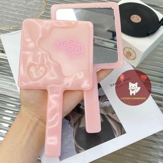 [VEECCI] Gương Trang Điểm Cầm Tay VEECCI, Thiết kế Vuông, Hồng Pastel Họa Tiết Gợn Sóng