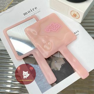 [VEECCI] Gương Trang Điểm Cầm Tay VEECCI, Thiết kế Vuông, Hồng Pastel Họa Tiết Gợn Sóng