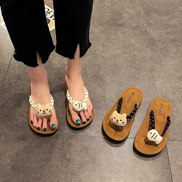 Dép tông nữ, dép xỏ ngón nữ quai vải sticker cá mèo đáng yêu đế cao 2cm [Lù store] - T035