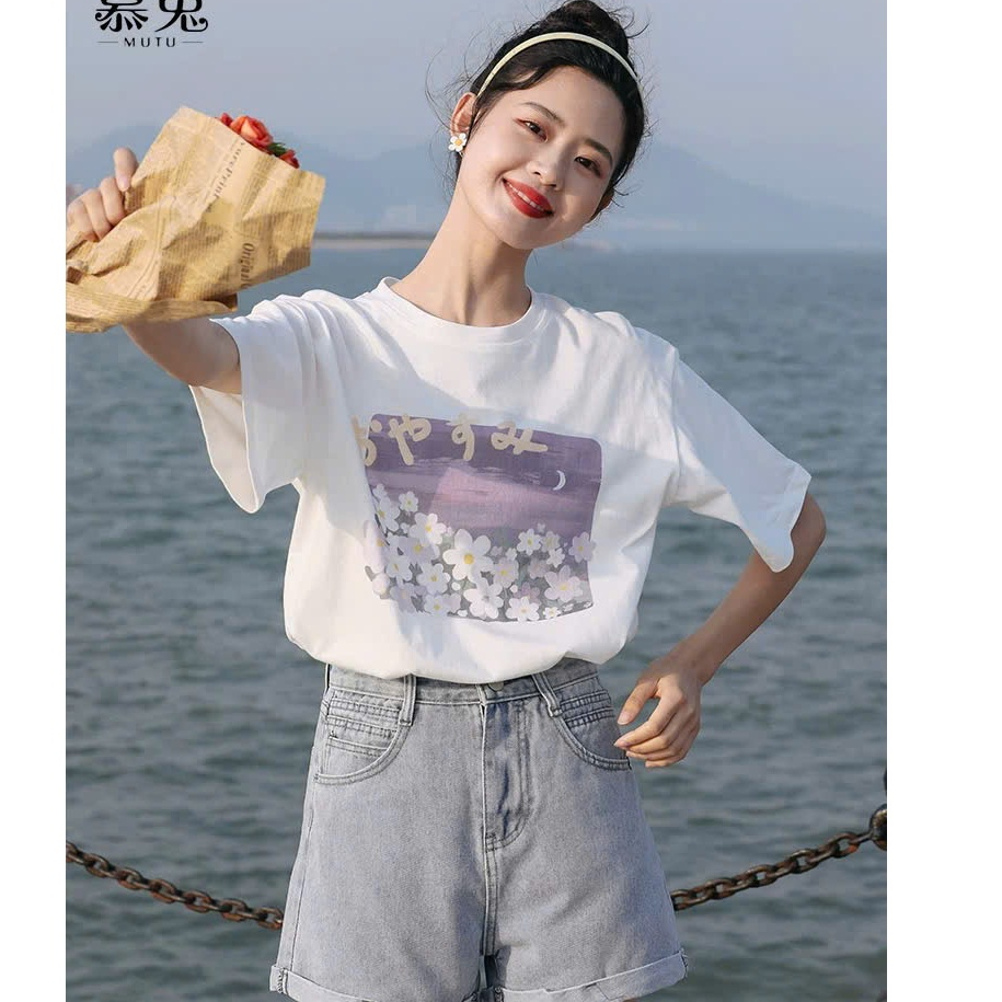 Áo thun nữ ngắn tay hình Hoa tím Pastel ngọt ngào JULYfashion, Áo phông nữ phông cách Hàn Quốc thanh lịch, Cotton 100%
