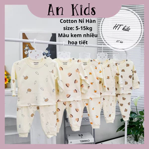 Bộ quần áo dài tay cài vai thu đông cotton nỉ Hàn, nền trắng kem cho bé trai bé gái 4-14kg