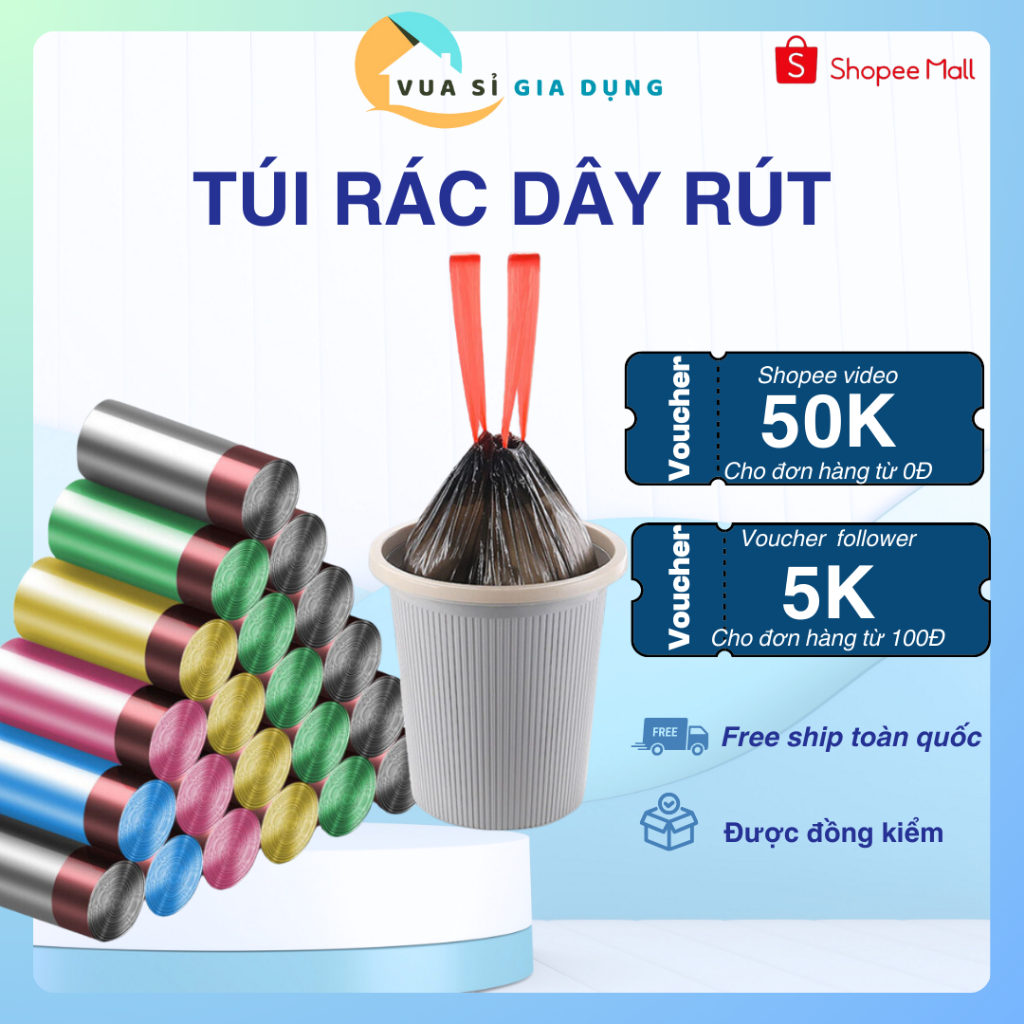 Túi rác có dây buộc loại dày, chắc chắn 15 túi/cuộn, túi đựng rác dây ...