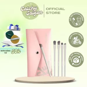 Set Cọ Trang Điểm Mắt 5 Cây VEECCI Trang Điểm Kèm Túi Da Hồng Pastel Đáng yêu