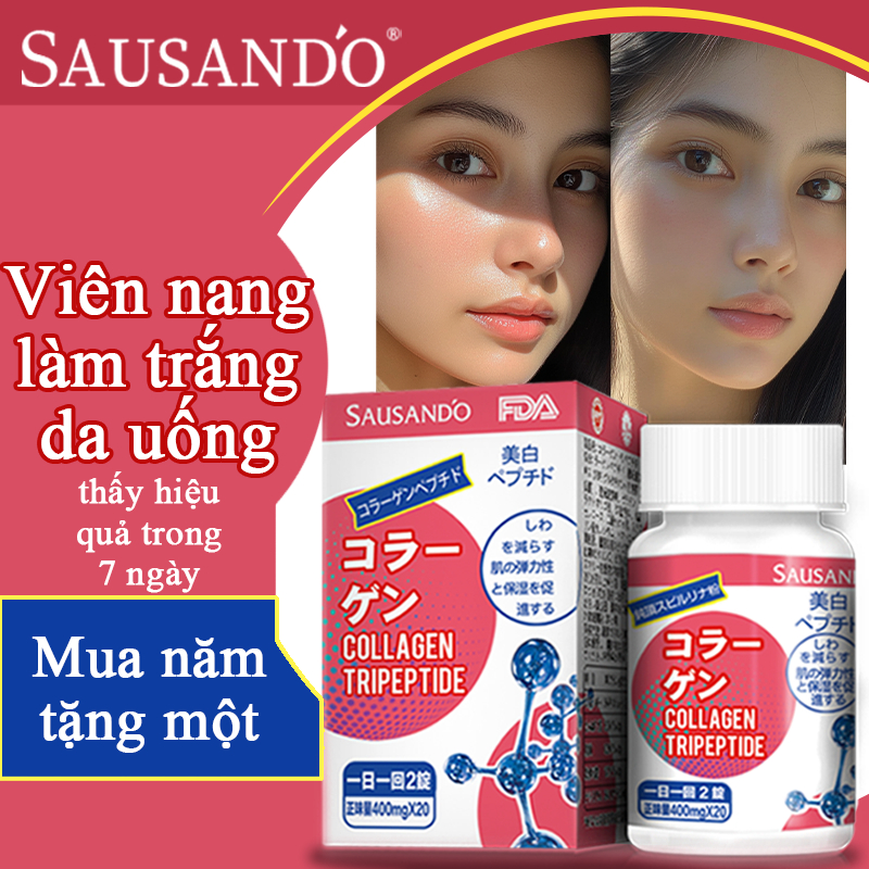 SAUSANDO Viên uống trắng da GLUTATHIONE - Viên uống collagen trắng da, mờ nám giảm nếp nhăn (Mỗi hộp 1 lọ, mỗi lọ 20 viê
