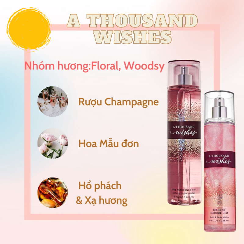 body mist A thousand wishes 236ml Xịt Thơm toàn thân Hương Thơm ngọt ngào, Cá Tính