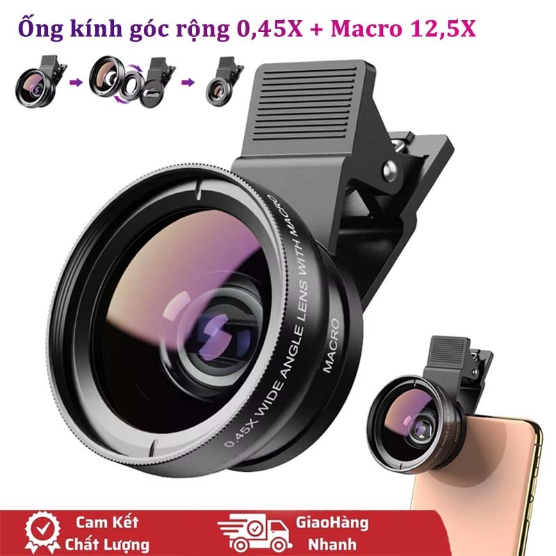Ống Kính Góc Rộng 0.45x Ống kính 12.5x Macro góc rộng 2 trong 1 Cho ip Android có kẹp gắn dùng