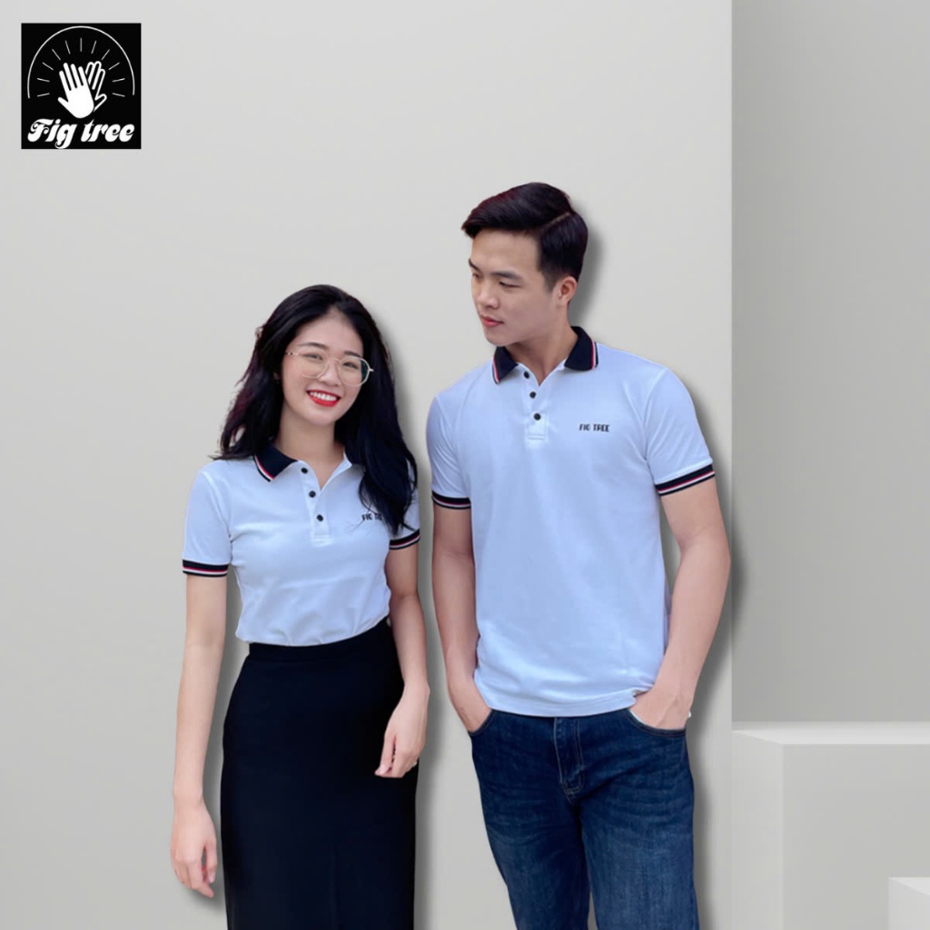 Set Áo Thun Đôi Polo Cao Cấp Fig Tree Màu Trắng Bo Viền  ( Hàng thiết kế Fullsize đến 110kg)