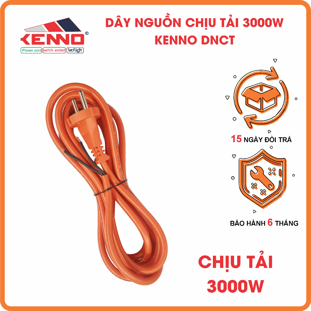 Dây nguồn máy công trình, bếp từ, bếp hồng ngoại, chịu tải KENNO công suất 2000W lõi đồng 2x1.5