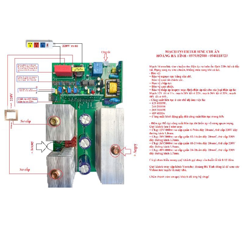 Mạch inverter Sine chuẩn 12v1kw, 24v2kw, 36v3kw, 48v4kw liên tục ...