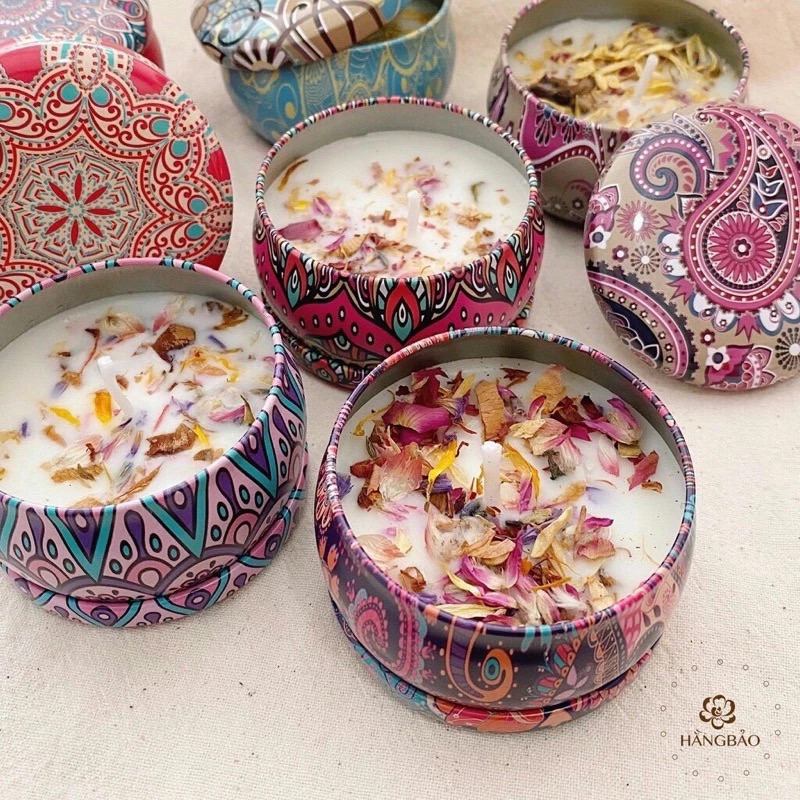Nến Sáp Thơm Thư Giãn Không Khói Tinh Dầu Thiên Nhiên Phong Cách Hoa Khô Thảo Mộc Vintage Tin