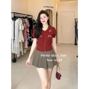 ☘️ Áo len đính nơ cái cúc tay cộc, chất len cừu hàng QC. dễ phối đồ. đi chơi, đi làm , đi học đều ok