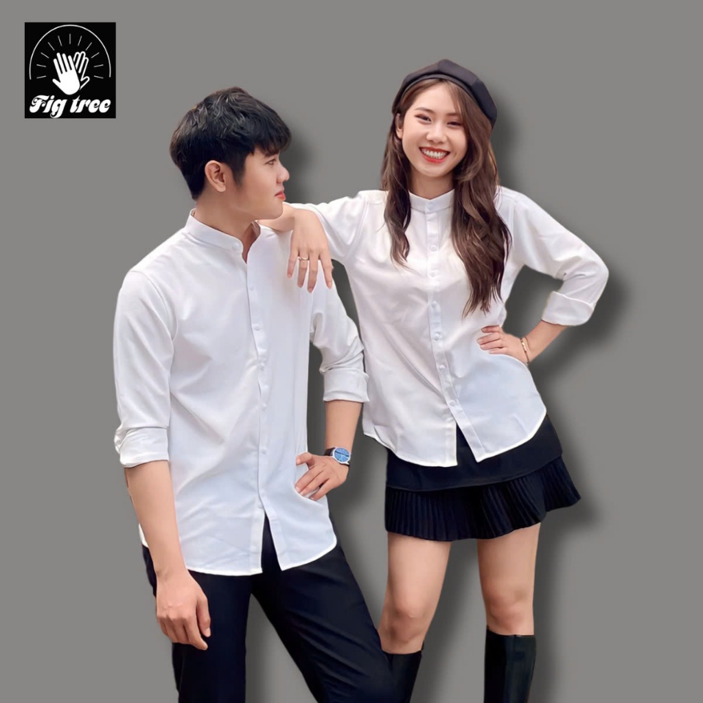 Áo Sơ Mi Cặp Fig Tree Màu Trắng Cổ Trụ, Hàng thiết kế, đồ đôi chất cotton ford dày dặn, size đến 110