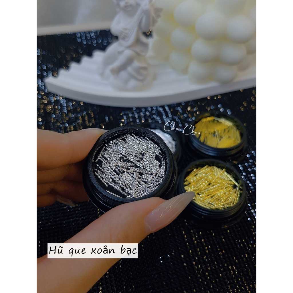 Set que vàng bạc trang trí móng, phụ kiện que nail, set que kim loại, phụ kiện nail chính hãng