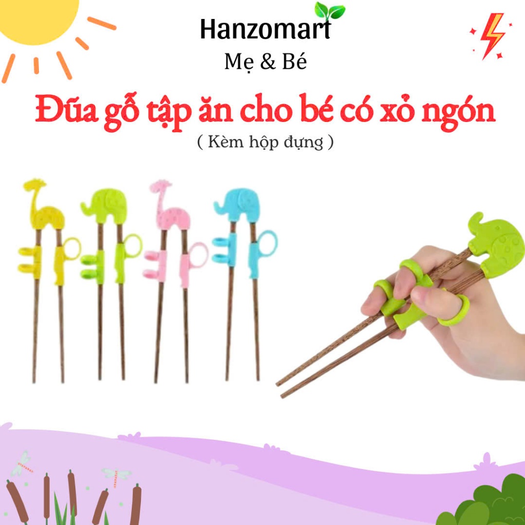 Đũa gỗ tập ăn cho bé có xỏ ngón kèm hộp đựng