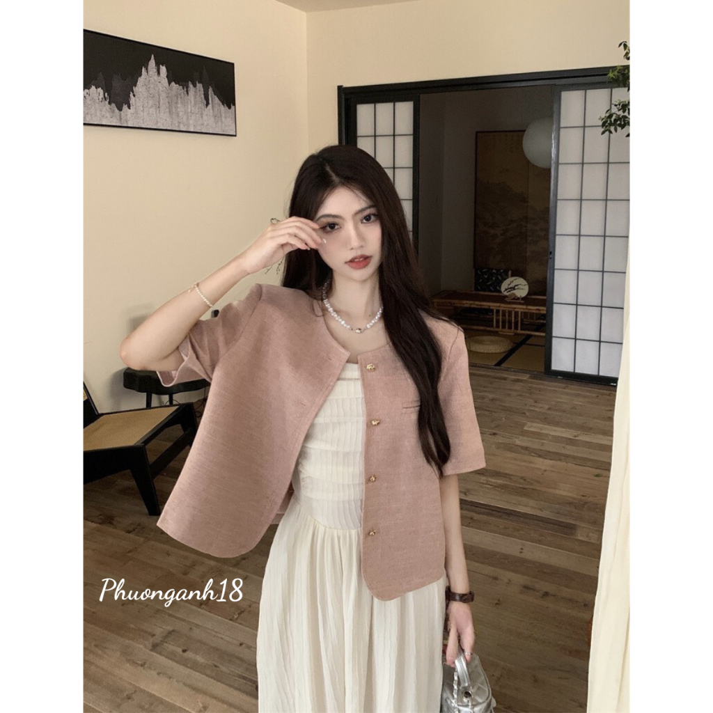 Áo blazer cổ tròn tay ngắn (dài tay) cúc tròn hàng quảng châu