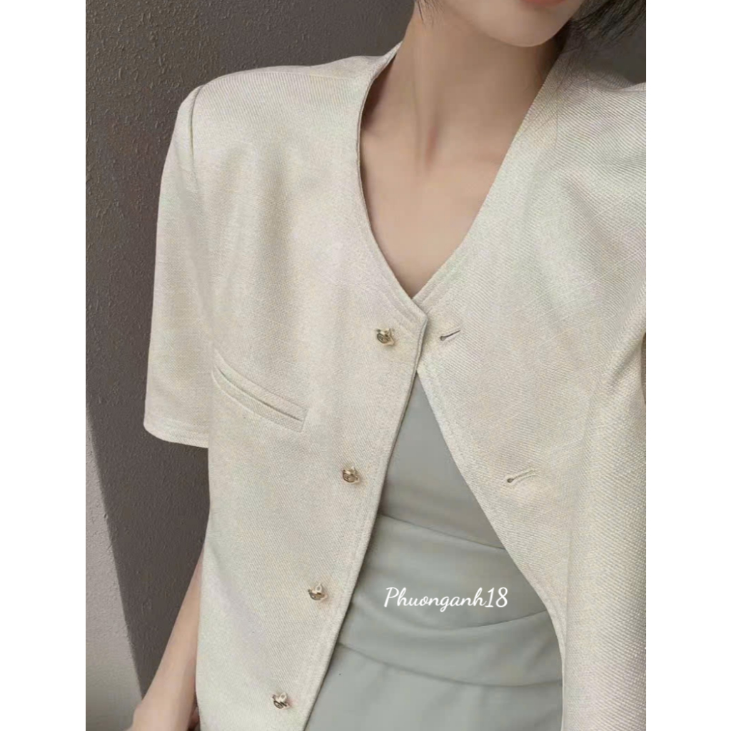 Áo blazer cổ tròn tay ngắn (dài tay) cúc tròn hàng quảng châu
