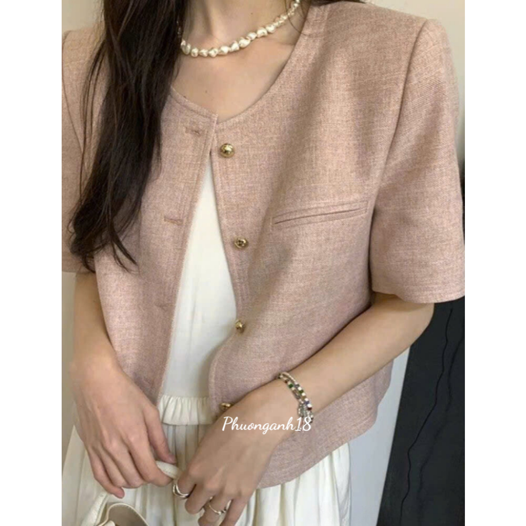 Áo blazer cổ tròn tay ngắn (dài tay) cúc tròn hàng quảng châu