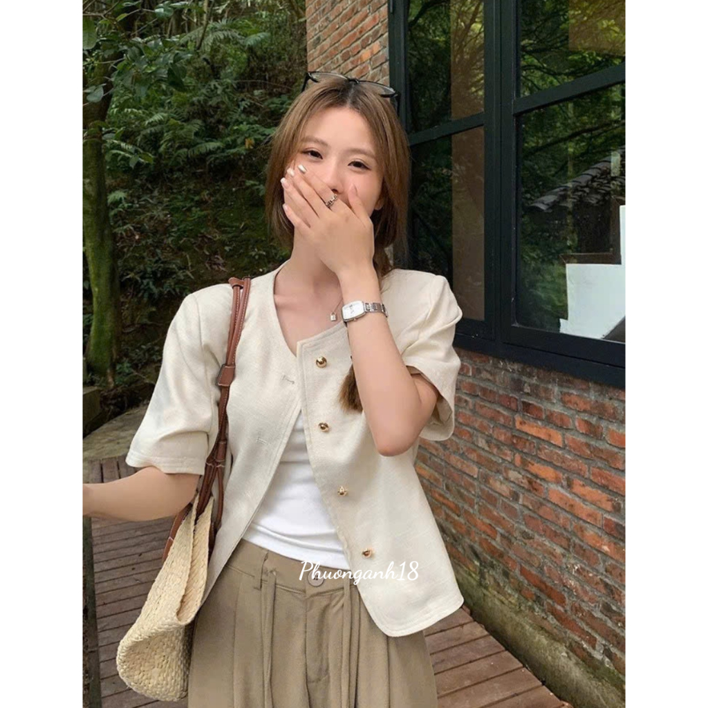 Áo blazer cổ tròn tay ngắn (dài tay) cúc tròn hàng quảng châu