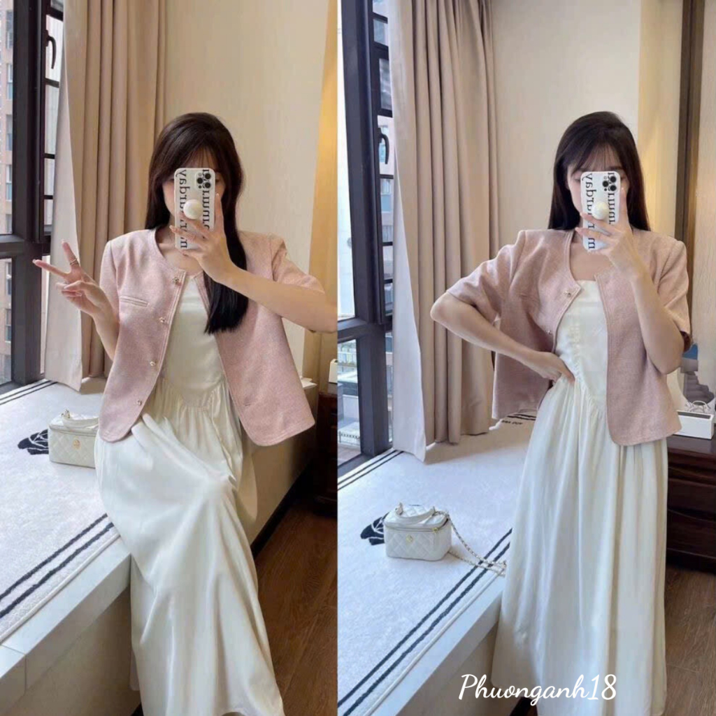 Áo blazer cổ tròn tay ngắn (dài tay) cúc tròn hàng quảng châu