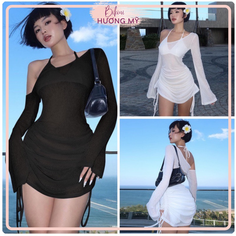 Bikini đi biển 3 món, set bikini 2 mảnh kèm áo lưới xuyên thấu ôm body sexy, Có Đầm Lẻ (Hỏa Tốc-HCM)