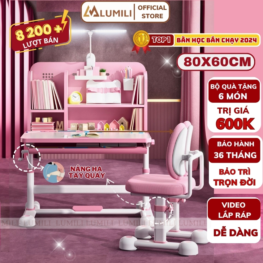 Bộ bàn học chống gù Lumili R22, bàn học cho bé có giá sách, bàn học sinh nâng hạ độ cao