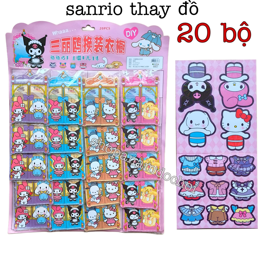 Vỉ 20 bộ sticker sanrio thay trang phục , sticker kuromi melody ...