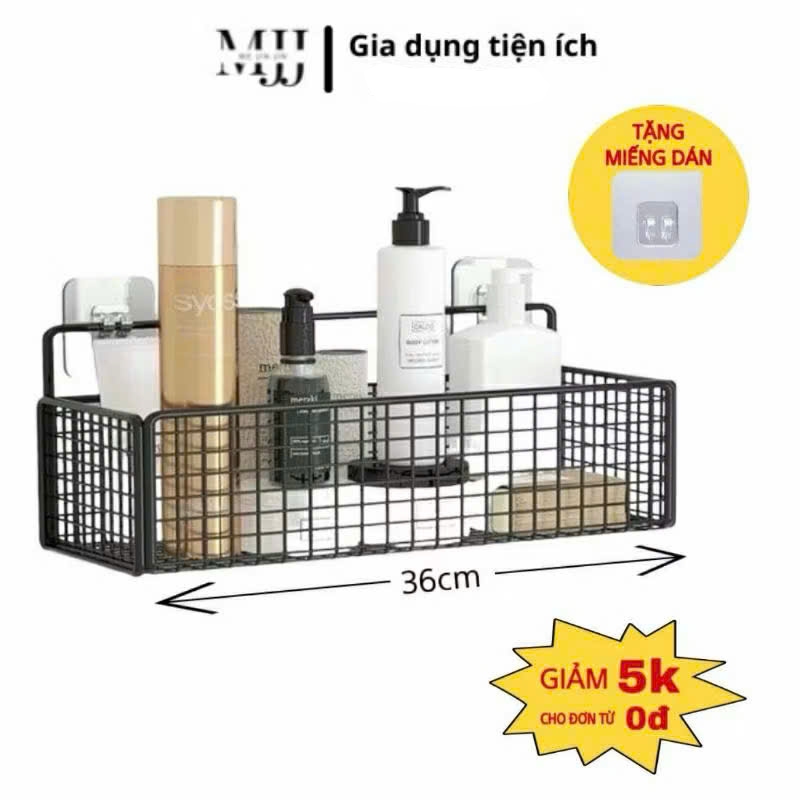 Kệ để đồ treo tường nhà tắm hình chữ nhật, kệ đựng gia vị nhà bếp không cần khoan bằng sắt phun sơn tĩnh điện.