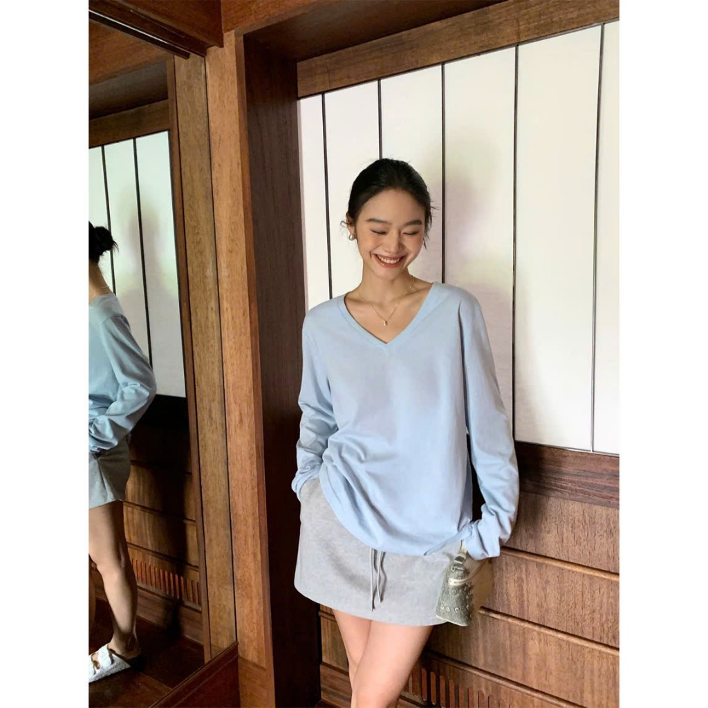 Áo thun Nữ tay dài cổ V, Áo thun cổ tim dài tay JULY fashion, Chất thun xược cotton mềm mịn, phom rộng dáng dài