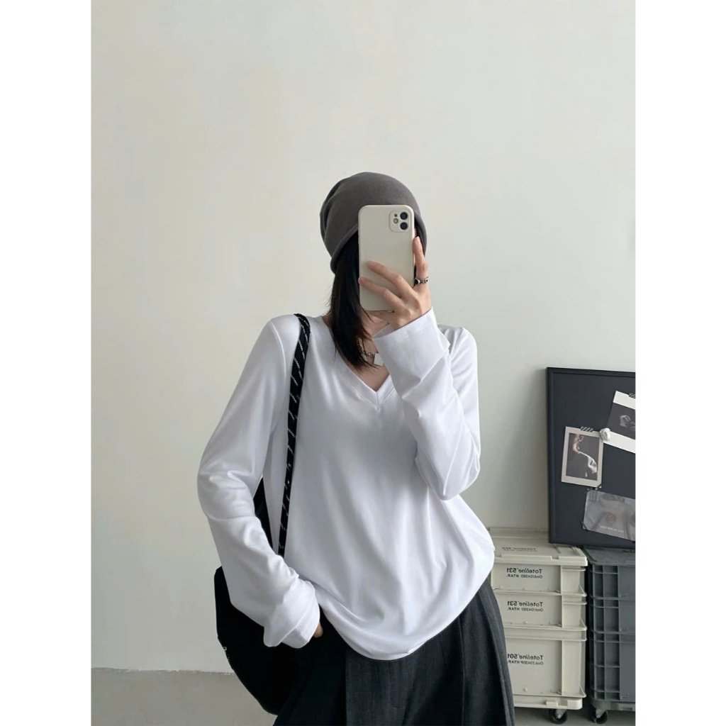 Áo thun Nữ tay dài cổ V, Áo thun cổ tim dài tay JULY fashion, Chất thun xược cotton mềm mịn, phom rộng dáng dài