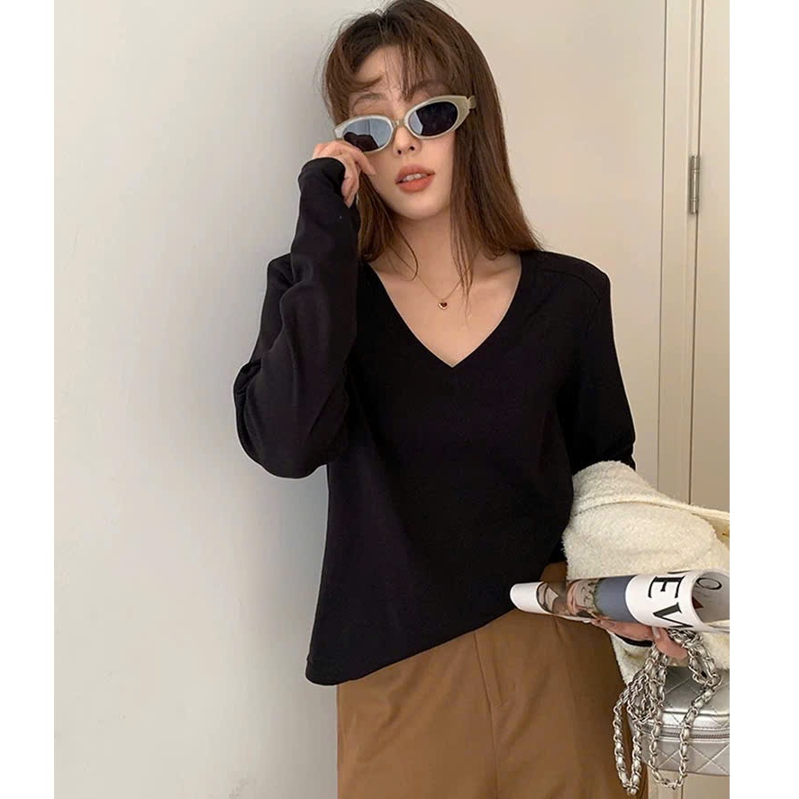 Áo thun Nữ tay dài cổ V, Áo thun cổ tim dài tay JULY fashion, Chất thun xược cotton mềm mịn, phom rộng dáng dài