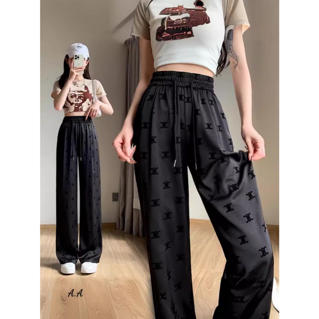 Quần Jogger Ống Rộng Suông Dài Nữ Vải Lụa, Quần Ống Suông Dáng Dài Cao Cạp Chun Có Dây Rút