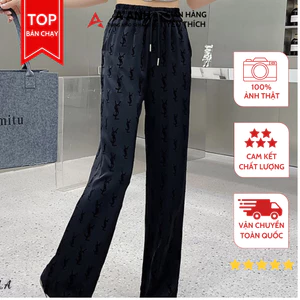 Quần Jogger Ống Rộng Suông Dài Nữ Vải Lụa, Quần Ống Suông Dáng Dài Cao Cạp Chun Có Dây Rút