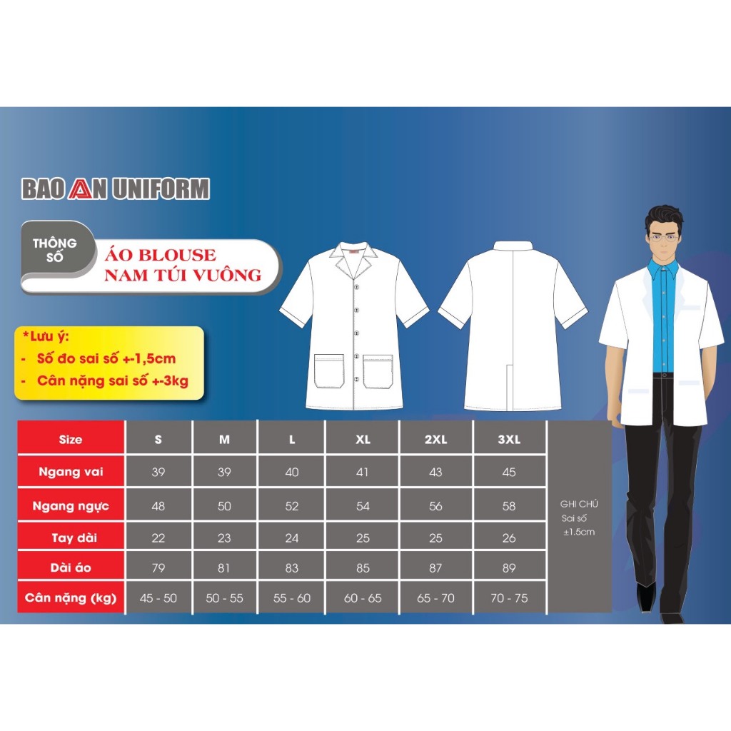 Áo Blouse Dược Sĩ Nam Tay Ngắn Túi Vuông Vải Kate Siêu/Cotton hàn cao cấp