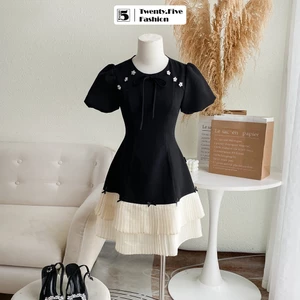 Đầm nữ Twentyfive công sở dạo phố cổ tròn đính nơ và đá hoa, vạt xếp ly 2 tầng DA39