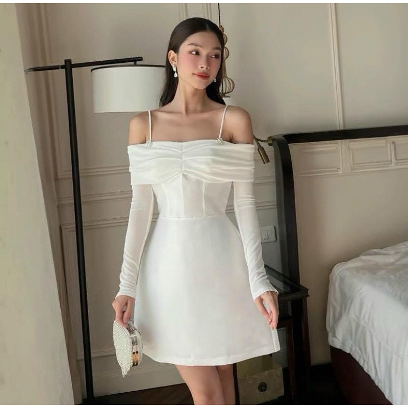 Đầm Dự Tiệc Trễ Vai Tay Dài Form A Tiểu Thư Trẻ Trung Dạo Phố Sang Trọng Quyến Rũ-PUSU HOUSE