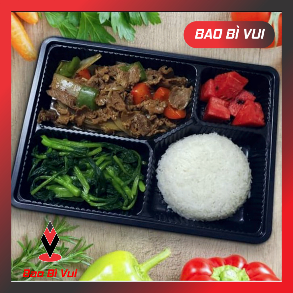[ 50 ] Hộp nhựa đế đen 4 ngăn HT25, hộp đựng cơm HT25 - BAO BÌ VUI