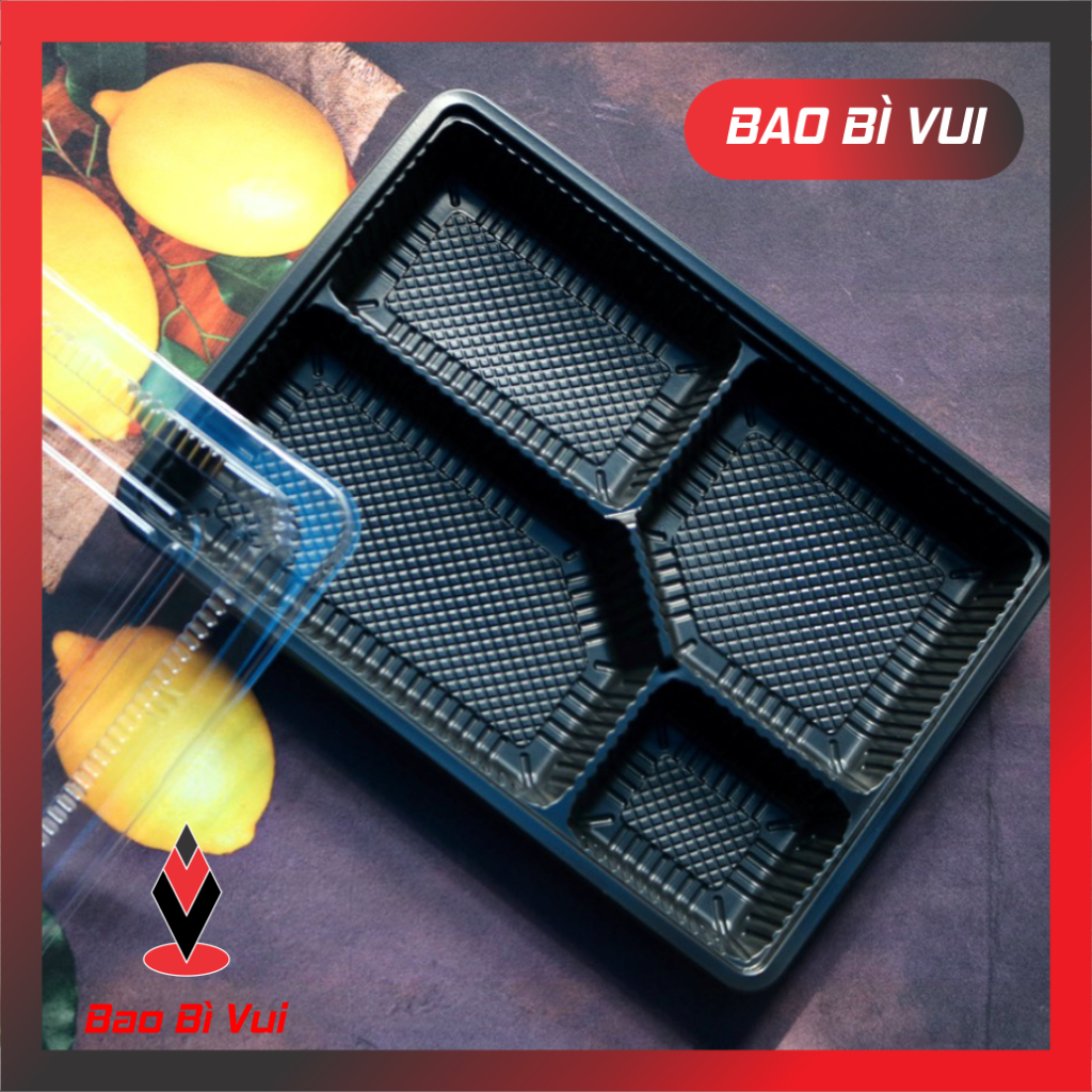 [ 50 ] Hộp nhựa đế đen 4 ngăn HT25, hộp đựng cơm HT25 - BAO BÌ VUI