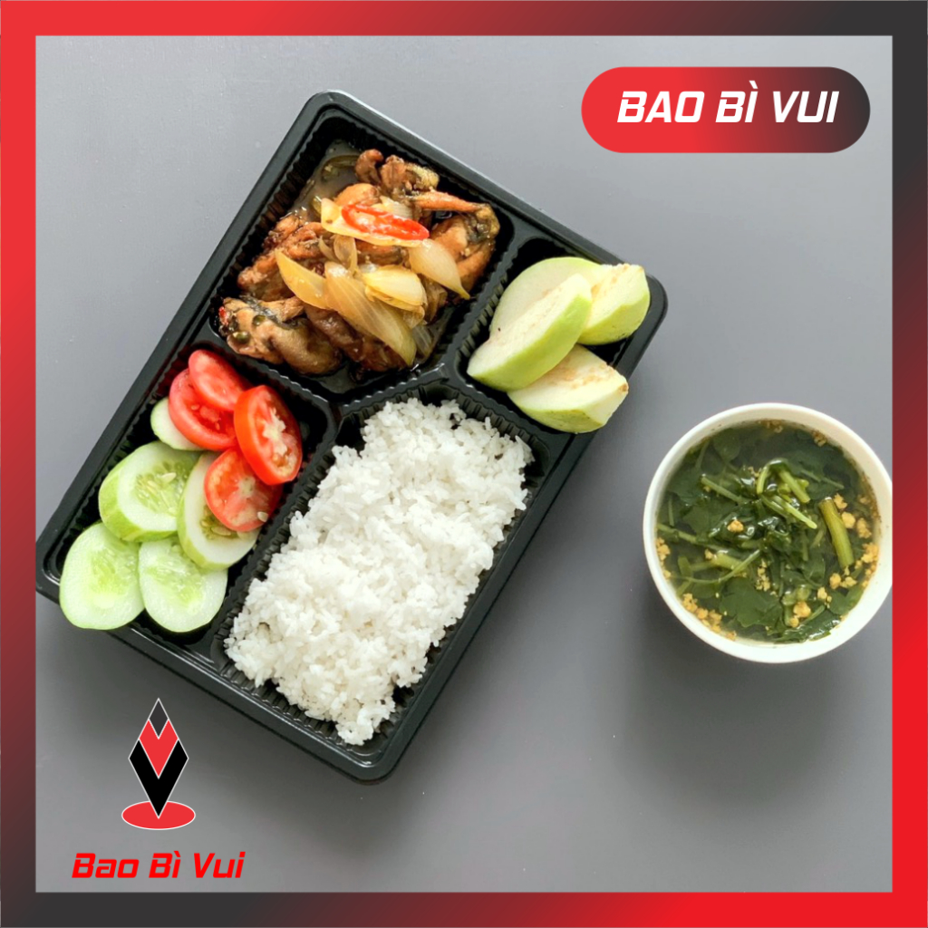 [ 50 ] Hộp nhựa đế đen 4 ngăn HT25, hộp đựng cơm HT25 - BAO BÌ VUI
