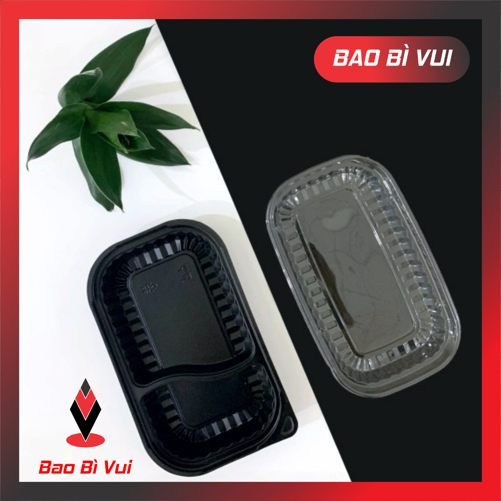 [ COMBO 2 LỐC =100 CÁI] Hộp nhựa đen 2 ngăn HT17-2 Hộp sushi đế đen - BAO BÌ VUI