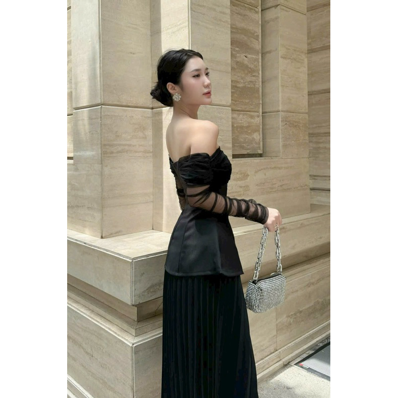 Áo Thiết Kế Trễ Vai Peplum Dự Tiệc Tay Dài Phối Lưới Sang Trọng  -PUSU HOUSE