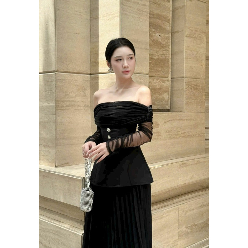 Áo Thiết Kế Trễ Vai Peplum Dự Tiệc Tay Dài Phối Lưới Sang Trọng  -PUSU HOUSE
