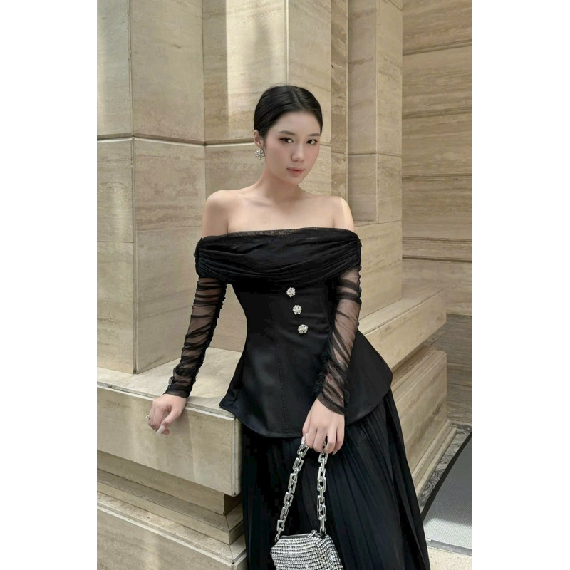 Áo Thiết Kế Trễ Vai Peplum Dự Tiệc Tay Dài Phối Lưới Sang Trọng  -PUSU HOUSE