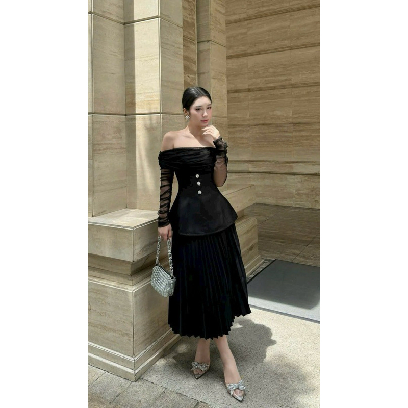 Áo Thiết Kế Trễ Vai Peplum Dự Tiệc Tay Dài Phối Lưới Sang Trọng  -PUSU HOUSE