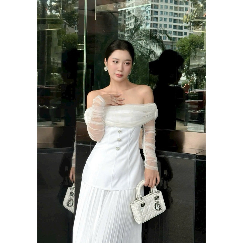 Áo Thiết Kế Trễ Vai Peplum Dự Tiệc Tay Dài Phối Lưới Sang Trọng  -PUSU HOUSE
